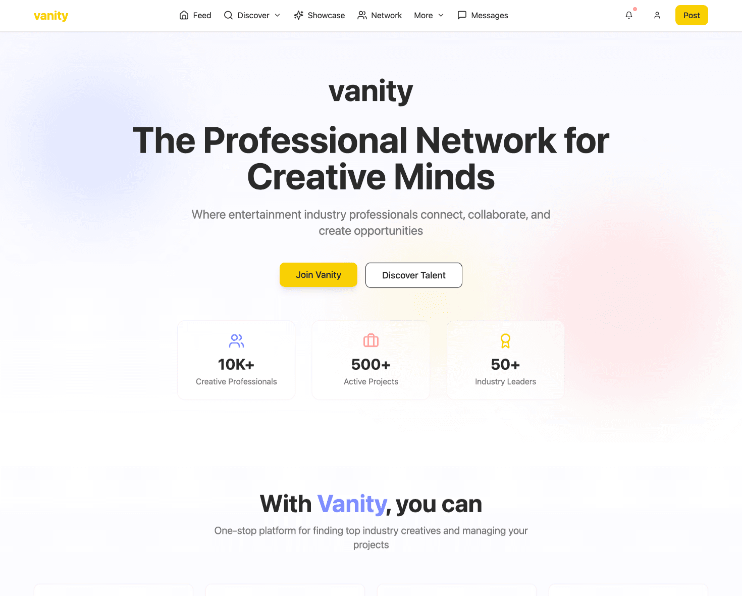 The network's landing — built for creative professionals.